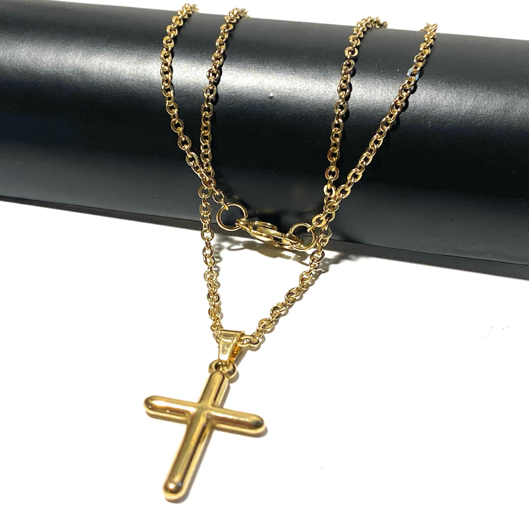 Collana con croce rosario in acciaio inox oro da uomo catenina lunga 60 cm